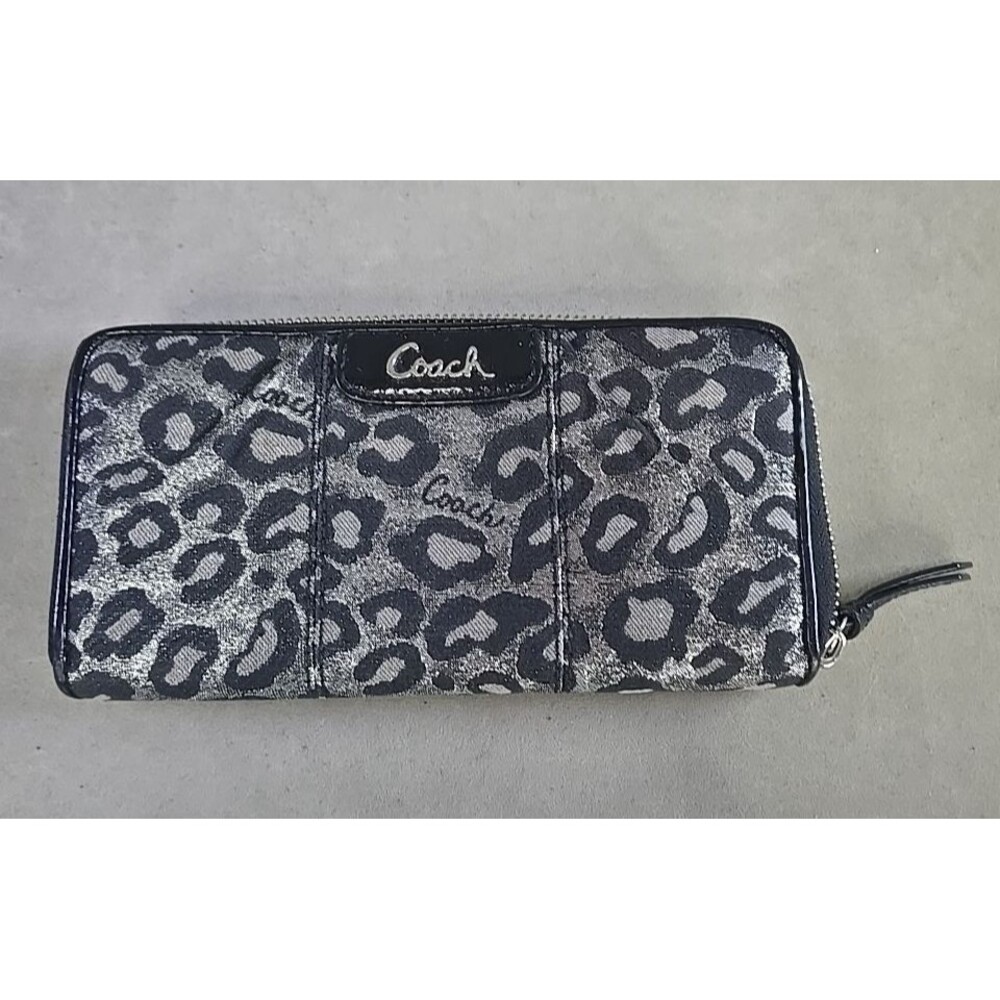 Coach Silver & Black Metallic Ocelot Leopard Large Wallet Zip Around